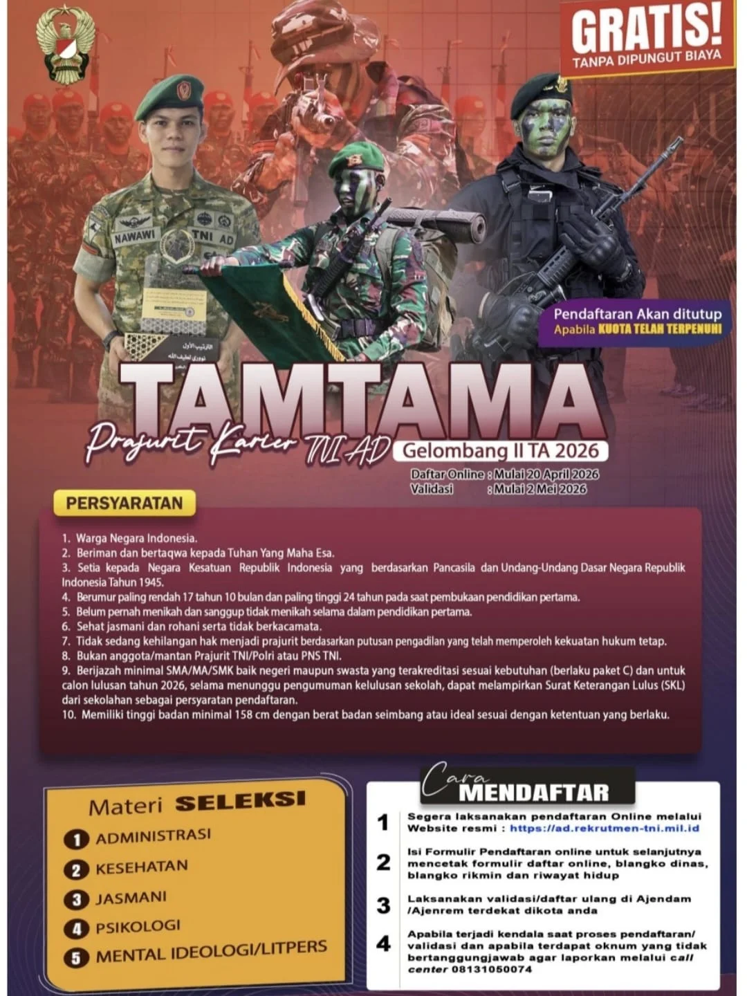 Saatnya Mengabdi! Rekrutmen Tamtama TNI AD 2026 Dibuka